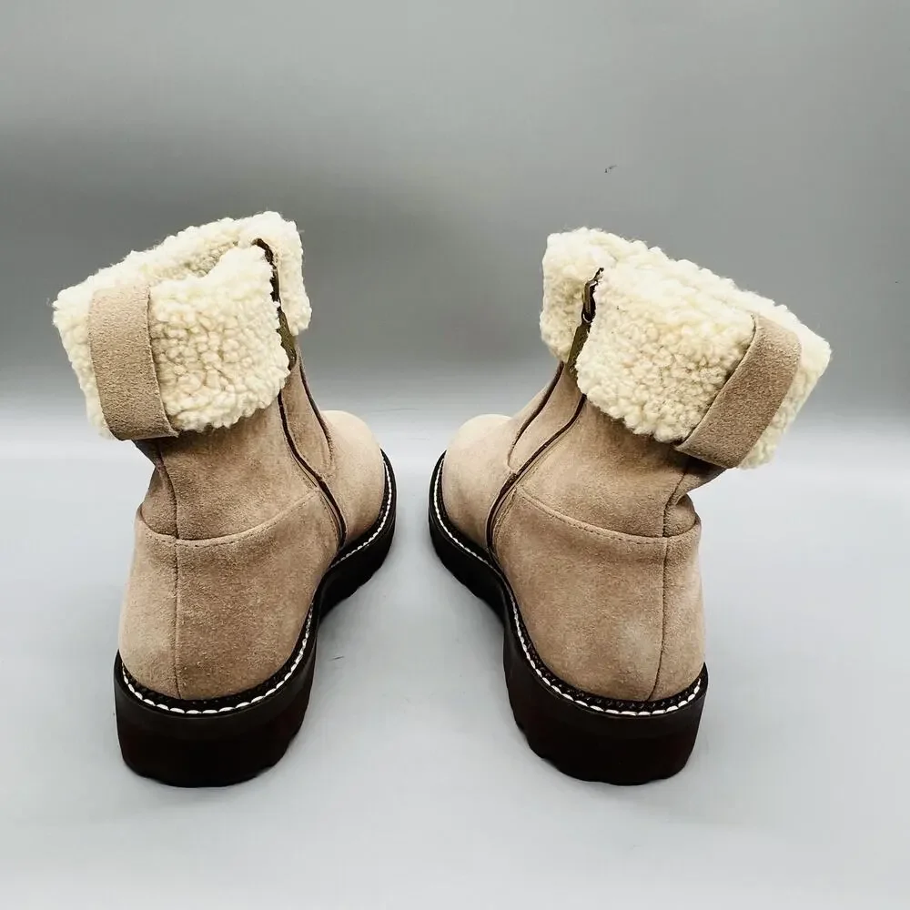 Blondo Boots Womens 5.5 Beige Suede Waterproof Shearling Ankle Zip Booties Shoes